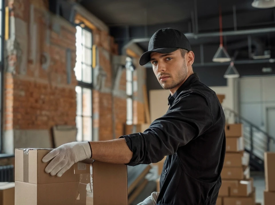 Livreur en uniforme noir avec casquette WGL, gants blancs de manutention, signant un bon de livraison sur clipboard posé sur des colis en carton ondulé, en extérieur devant un bâtiment
